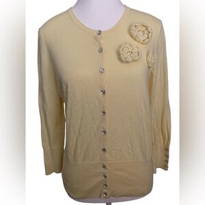 Only Mine Yellow Silk Cotton 3/4 Sleeve Cardigan Sweater Sz L Preppy Office